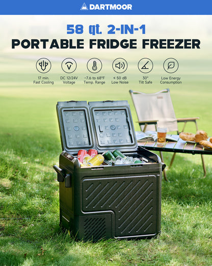 58 Qt Portable Car Refrigerator Dual Zone Fridge Freezer for Car RV with Wheels